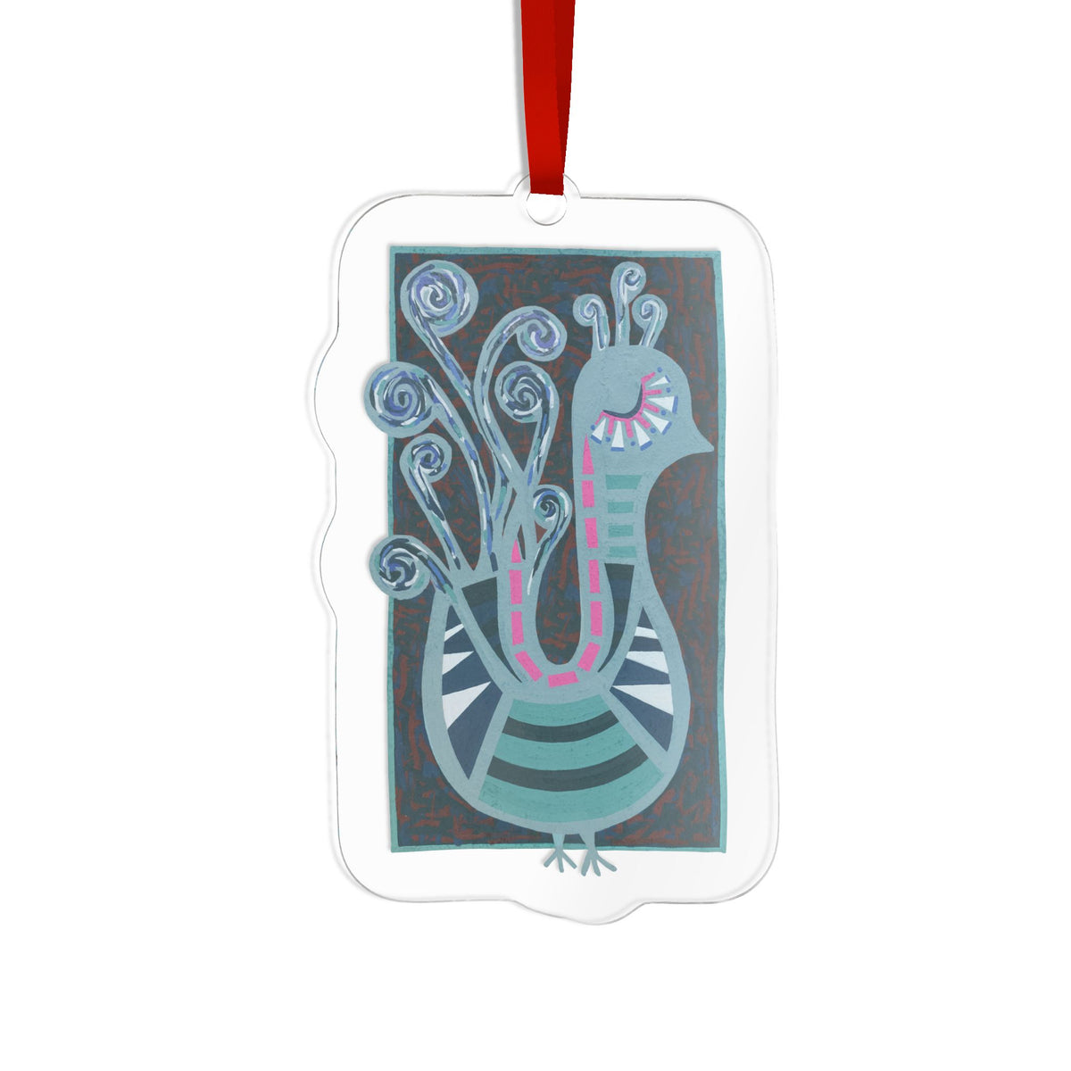 Whimsical Peacock Acrylic Ornament — Hand-Drawn Folk Art Holiday Decoration