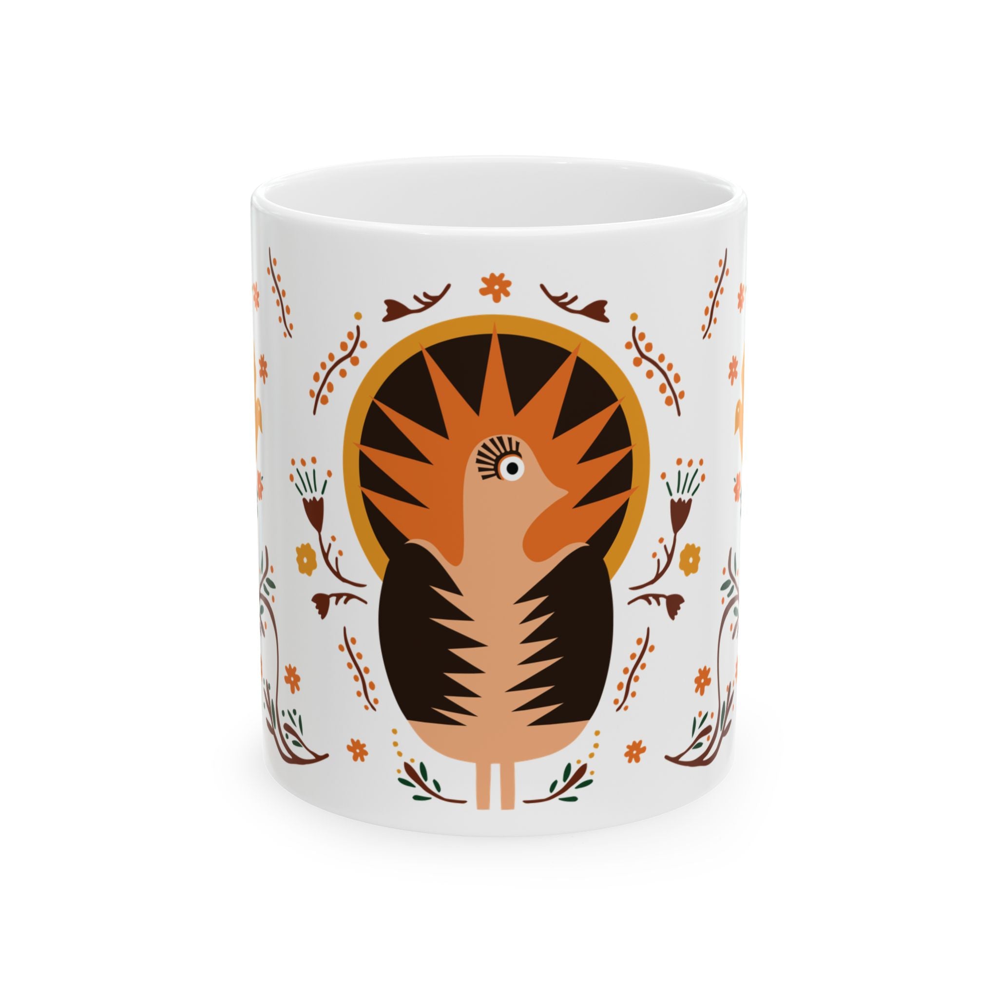 Abstract Peacock Ceramic Mug – Folk Art Coffee Cup - Autumn Colors