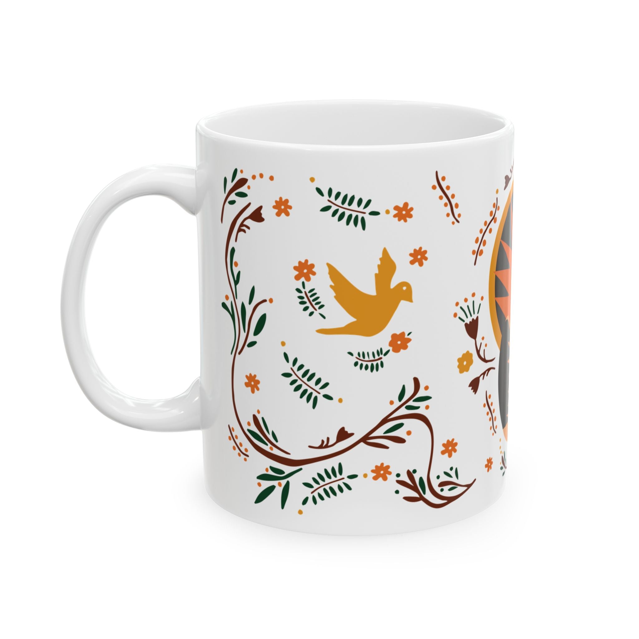 Abstract Peacock Ceramic Mug – Folk Art Coffee Cup - Autumn Colors