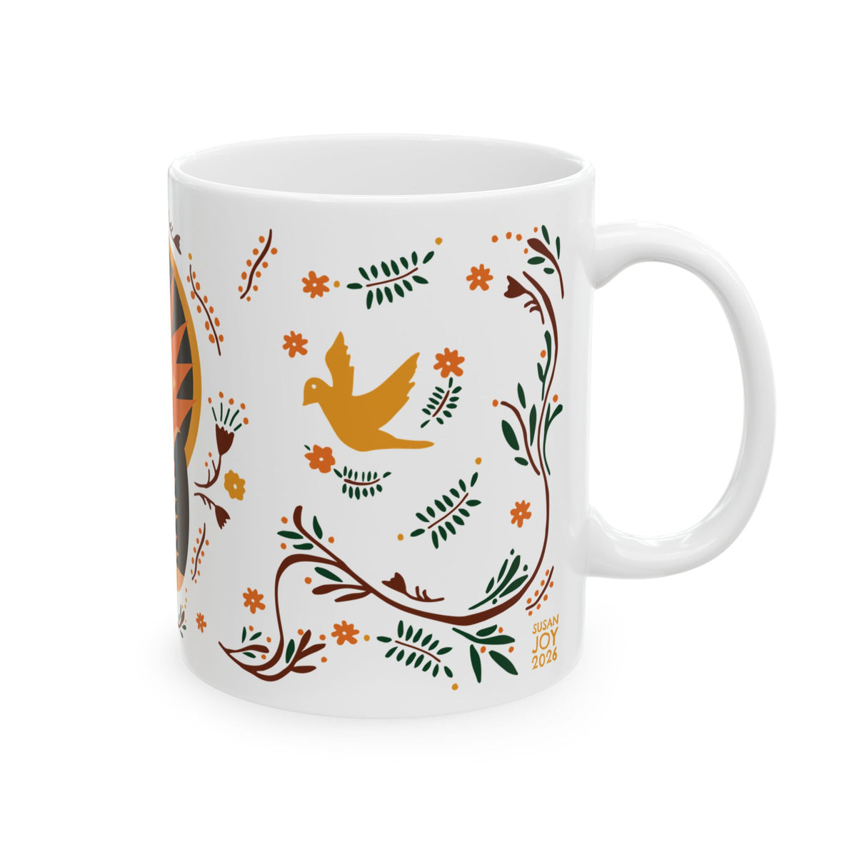 Abstract Peacock Ceramic Mug – Folk Art Coffee Cup - Autumn Colors
