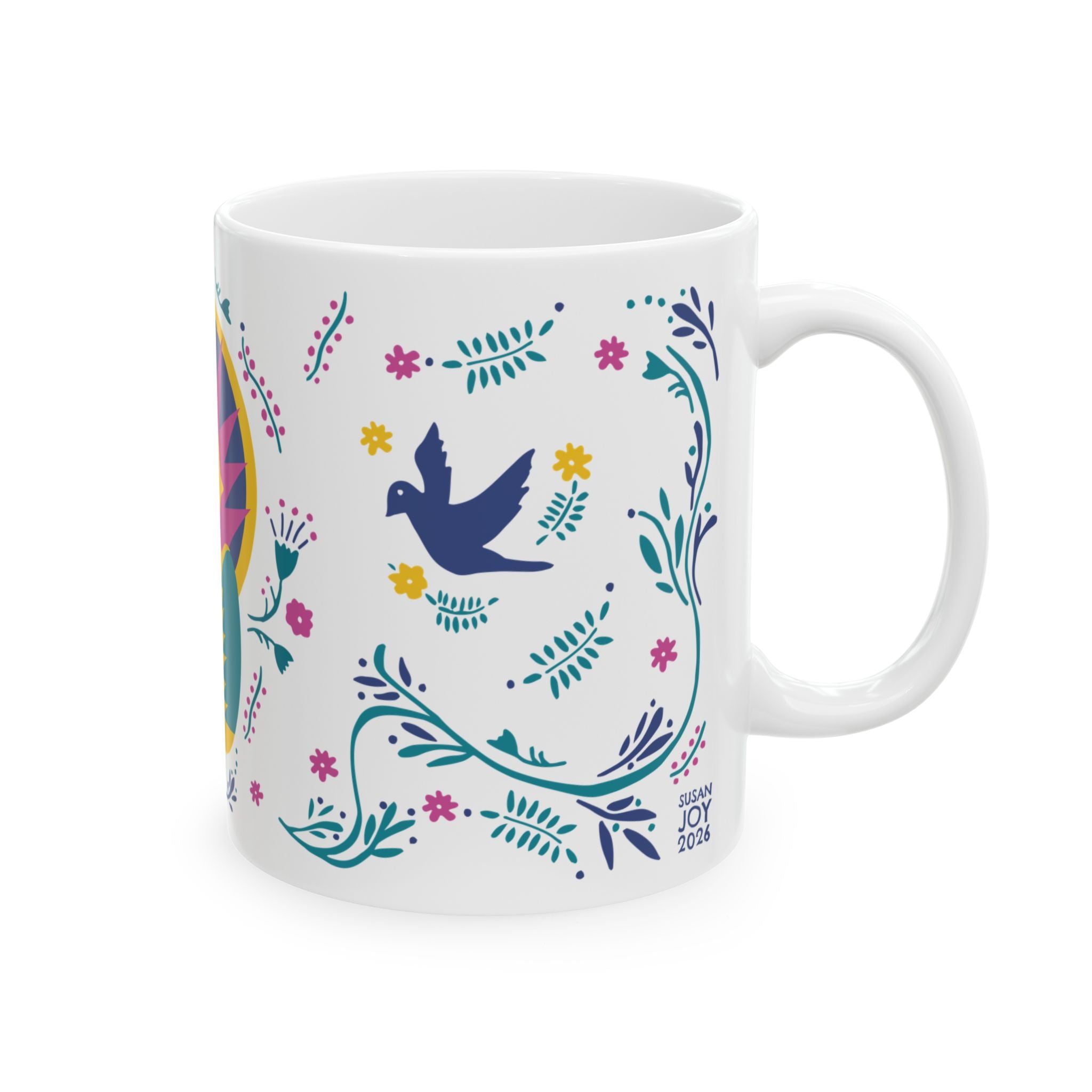 Abstract Peacock Ceramic Mug – Colorful Folk Art Coffee Cup (11oz)