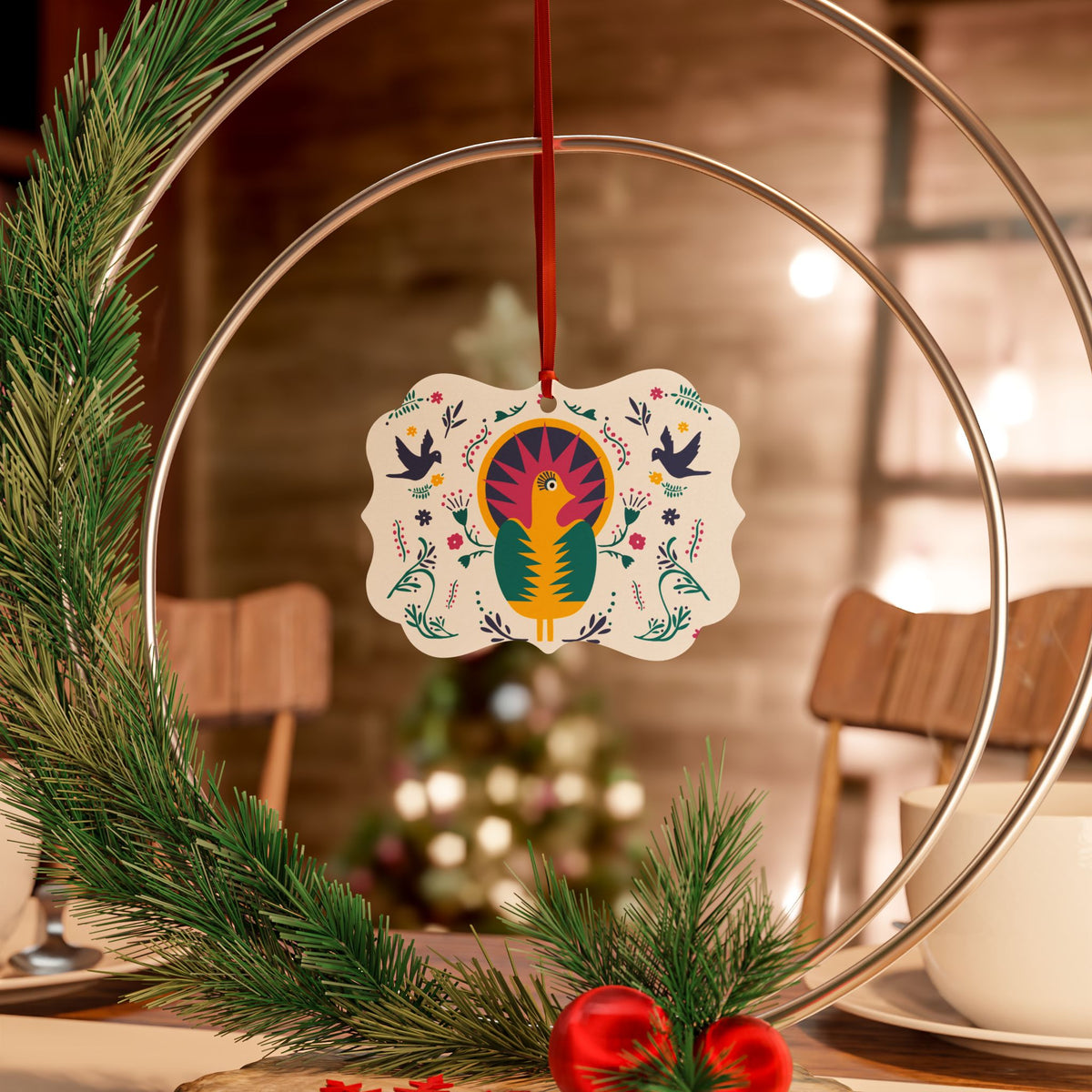 Folk Art Bird Aluminum Ornament — Decorative Holiday & Everyday Tree Hanging