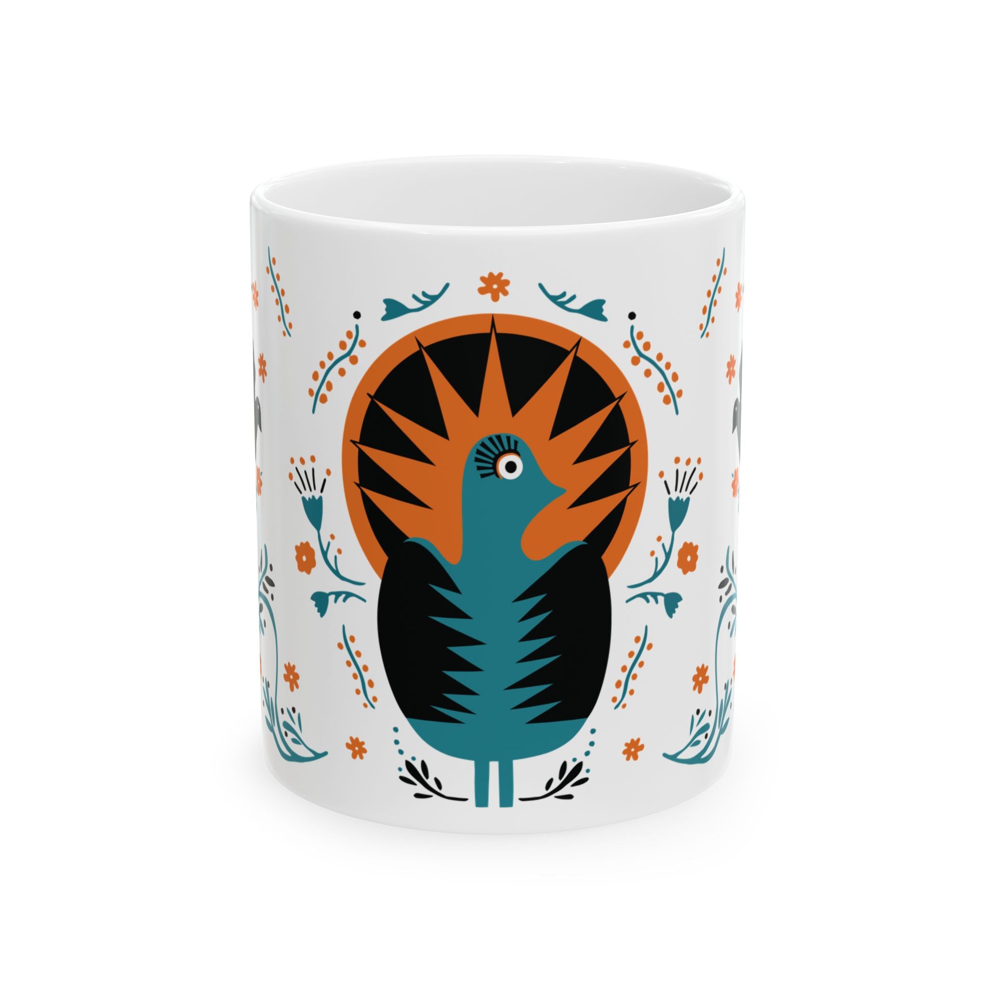 Abstract Peacock Ceramic Mug – Folk Art Coffee Cup - Halloween Edition