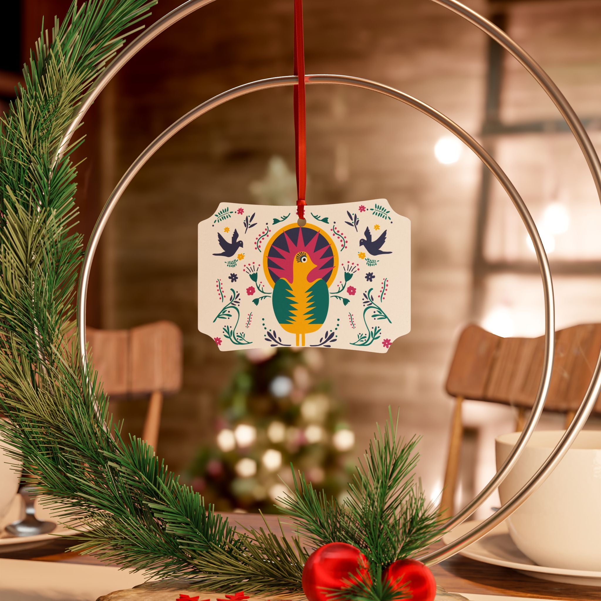 Folk Art Bird Aluminum Ornament — Decorative Holiday & Everyday Tree Hanging