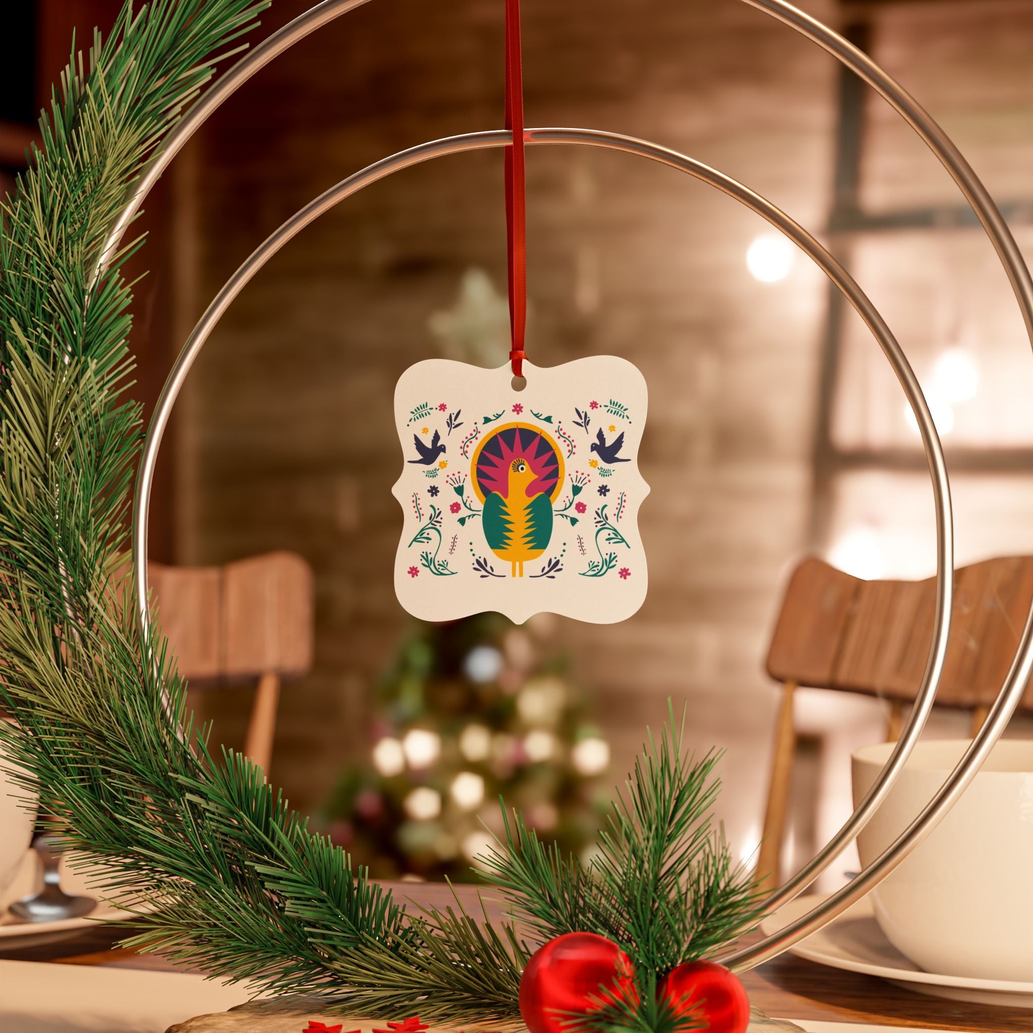 Folk Art Bird Aluminum Ornament — Decorative Holiday & Everyday Tree Hanging