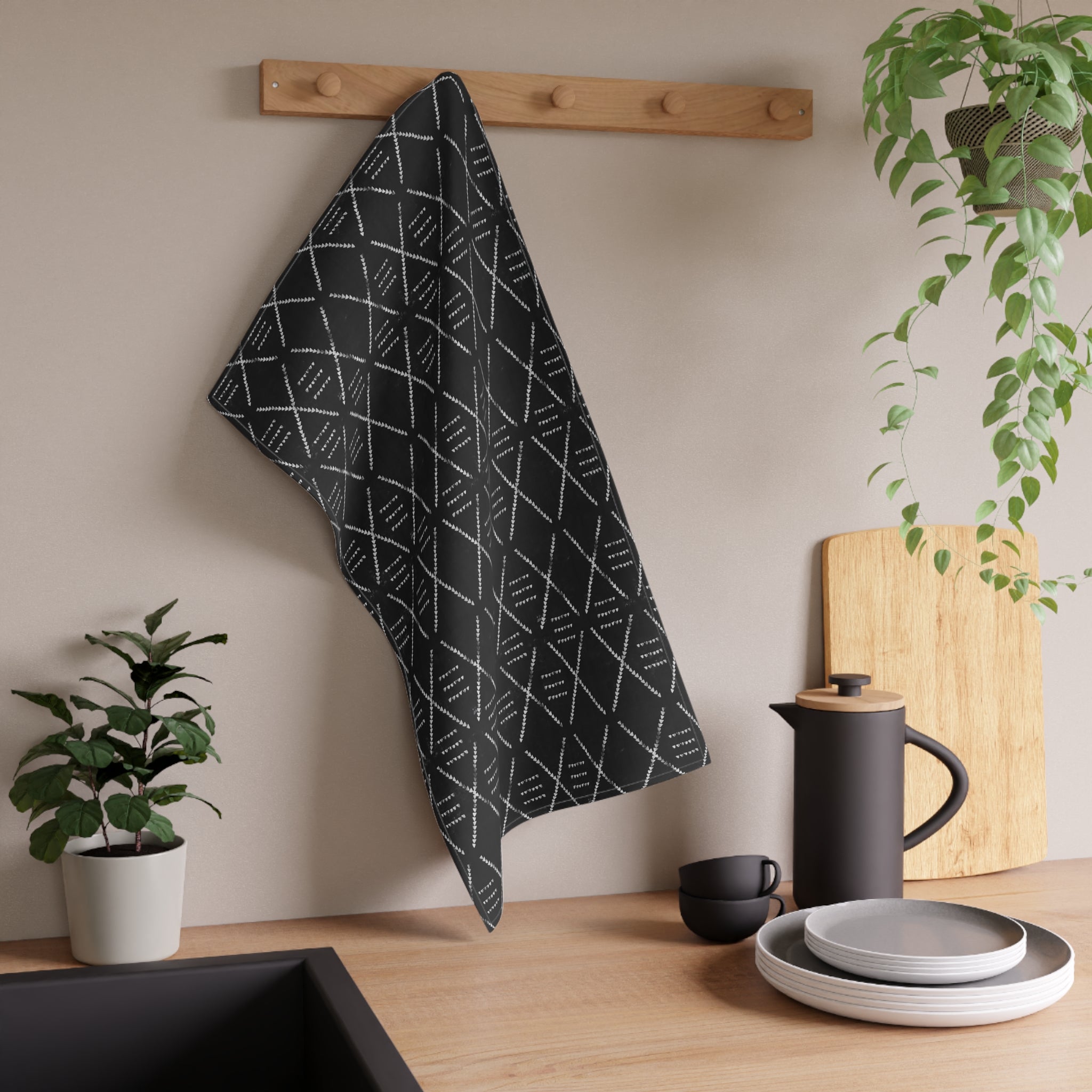 Black Geometric Mudcloth Kitchen Tea Towel