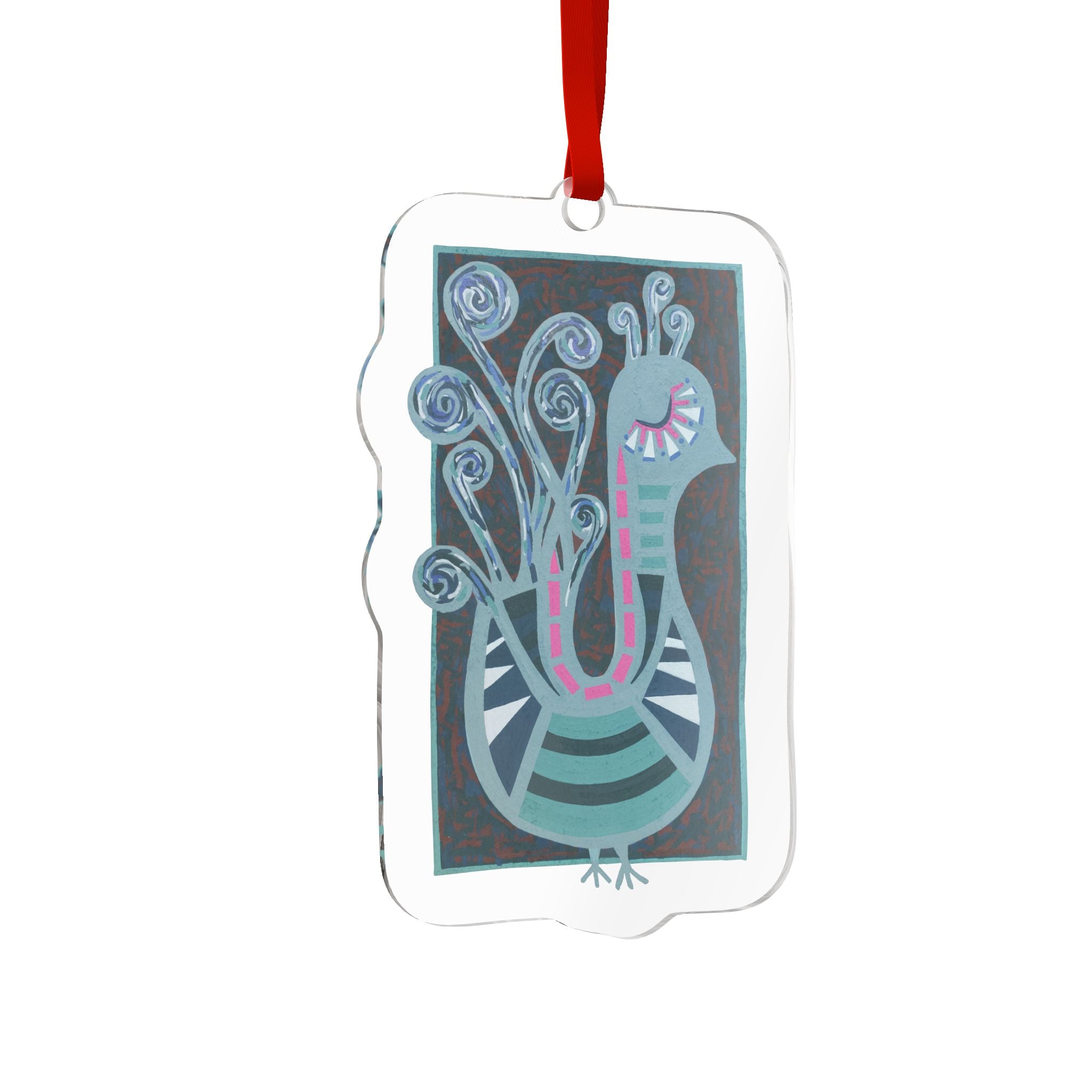 Whimsical Peacock Acrylic Ornament — Hand-Drawn Folk Art Holiday Decoration