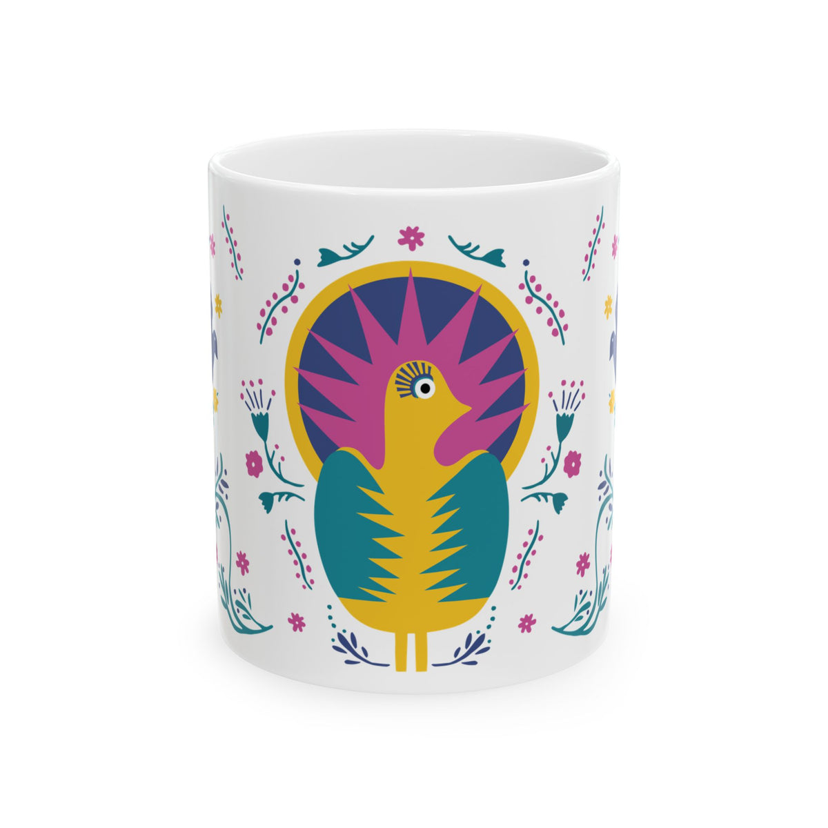 Abstract Peacock Ceramic Mug – Colorful Folk Art Coffee Cup (11oz)